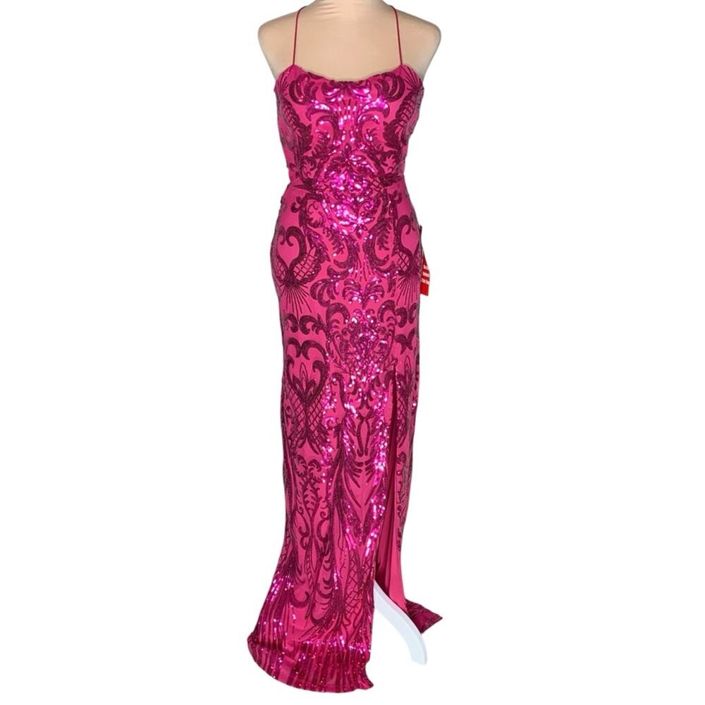 NWT Baroque Sequin Gown 8 Fuchsia Pink Mesh Lace Up Backless Leg Slit Prom Party